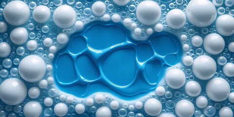 Close-up of white soap bubbles surrounding a vivid blue liquid detergent pool, creating a visually striking abstract texture ideal for cleanliness, hygiene, or background design themes.

