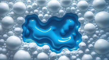 Close-up of white soap bubbles surrounding a vivid blue liquid detergent pool, creating a visually striking abstract texture ideal for cleanliness, hygiene, or background design themes.

