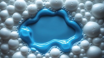 Close-up of white soap bubbles surrounding a vivid blue liquid detergent pool, creating a visually striking abstract texture ideal for cleanliness, hygiene, or background design themes.

