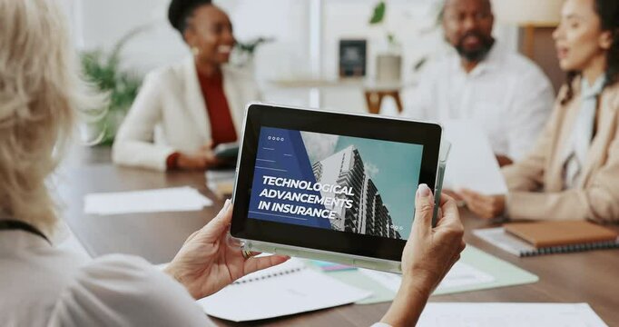 Business people, hands and woman with tablet screen, internet and presentation with website info. Employees, group and closeup in office, network and tech benefits for insurance company and app