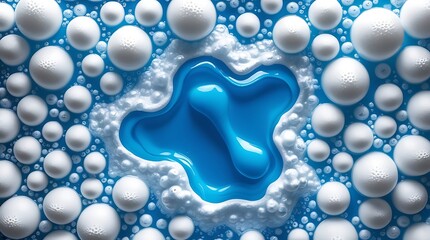 Close-up of white soap bubbles surrounding a vivid blue liquid detergent pool, creating a visually striking abstract texture ideal for cleanliness, hygiene, or background design themes.

