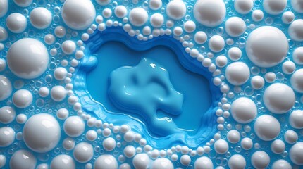 Close-up of white soap bubbles surrounding a vivid blue liquid detergent pool, creating a visually striking abstract texture ideal for cleanliness, hygiene, or background design themes.

