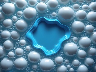 Close-up of white soap bubbles surrounding a vivid blue liquid detergent pool, creating a visually striking abstract texture ideal for cleanliness, hygiene, or background design themes.

