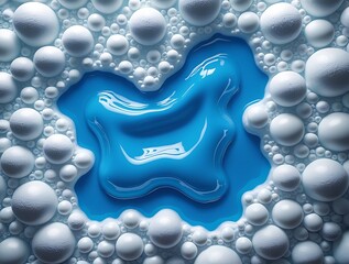 Close-up of white soap bubbles surrounding a vivid blue liquid detergent pool, creating a visually striking abstract texture ideal for cleanliness, hygiene, or background design themes.

