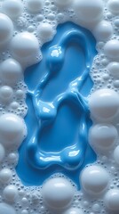 Close-up of white soap bubbles surrounding a vivid blue liquid detergent pool, creating a visually striking abstract texture ideal for cleanliness, hygiene, or background design themes.

