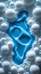 Close-up of white soap bubbles surrounding a vivid blue liquid detergent pool, creating a visually striking abstract texture ideal for cleanliness, hygiene, or background design themes.

