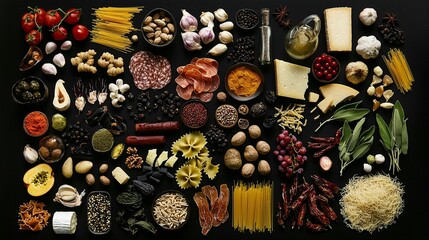 Overhead shot of various food ingredients including pasta, spices, cheese, meat, and vegetables arranged on a dark surface.
