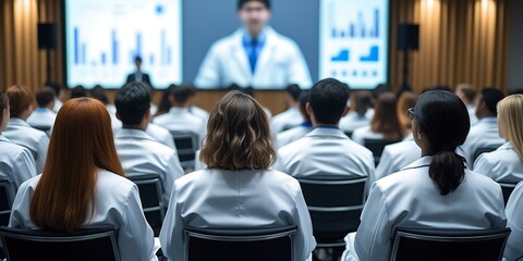 Large group of medical professionals in white lab coats attending a healthcare conference or educational seminar, focused on a presentation with charts and data on a big screen.

