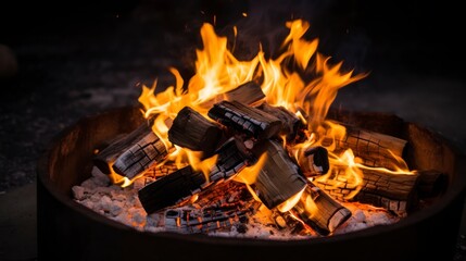 Burning firewood in a campfire, close-up.