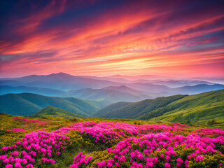 Obraz premium sunset in the mountains. landscape, nature, sky, field, sunset, mountain, flower, summer, sunrise, mountains, spring, meadow, cloud, grass, sun, flowers, morning, lavender, beauty, beautiful, plant, g