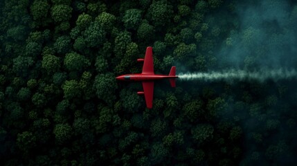 Red Airplane Flying Over Lush Green Forest   Aerial View