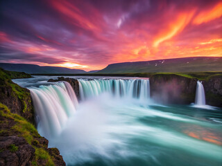 Fototapeta premium rainbow over waterfall. waterfall, water, river, nature, falls, cascade, landscape, stream, niagara, rock, forest, fall, waterfalls, godafoss, iceland, flowing, canada, travel, park, flow, rainbow, gr