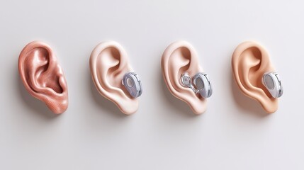 Comparative anatomical illustration showing four different types of hearing aids fitted on realistic human ears, detailed cartilage structure, varying skin tones, precise medical device details,