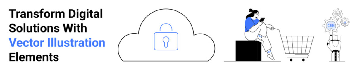 Woman shopping online on smartphone, next to a shopping cart, secure cloud icon, and AI robot. Ideal for online shopping, cyber security, cloud computing, AI, fintech automation flat landing page