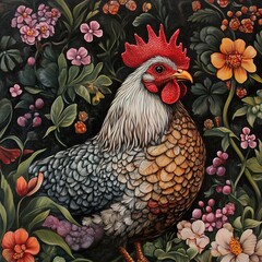 Rooster in a Garden of Flowers: A Detailed Painting
