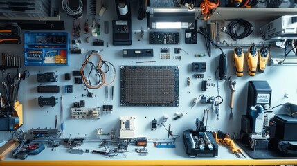 Fototapeta premium Detailed view of robot construction workspace, microcontroller board with attached jumper wires, ultrasonic distance sensors, motor drivers, breadboard with electronic components, scattered precision