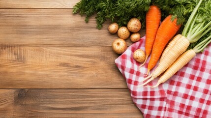Fresh carrots, parsnips, potatoes and greens on a wooden table with a red checkered cloth