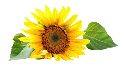 Obraz premium Sunflower blooming with green leaves on transparent background