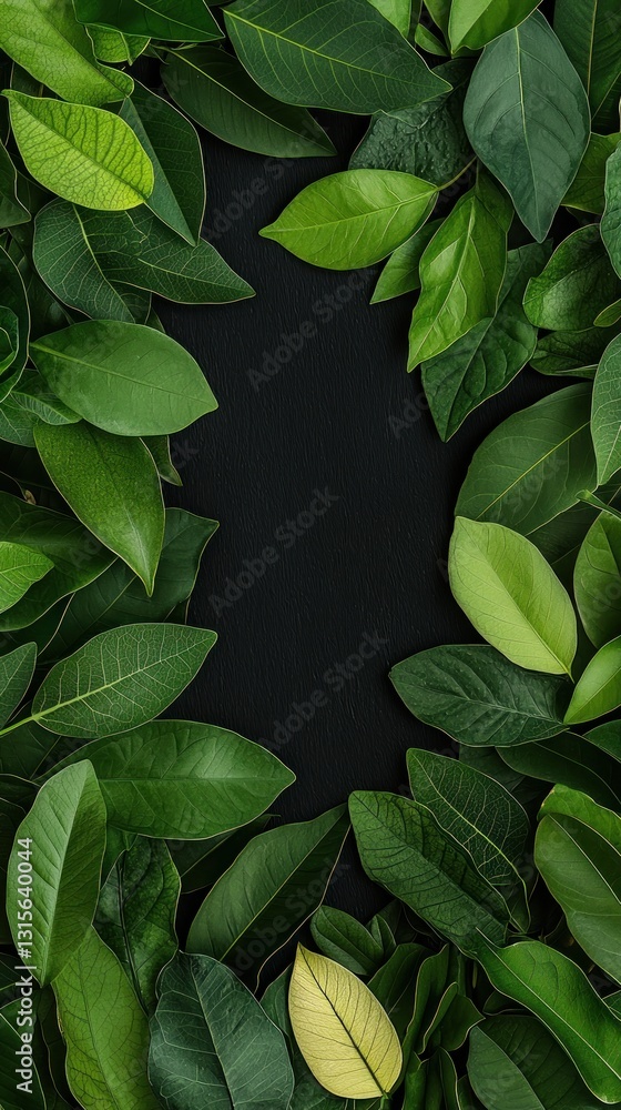 Poster fresh green leaves are arranged around a black background with copy space for text or product mock-u