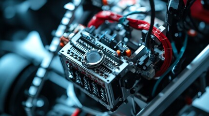 Macro photography of custom-built line detector robot, detailed view of sensor array installation, stepper motors with mounting hardware, battery compartment with power management system, compact