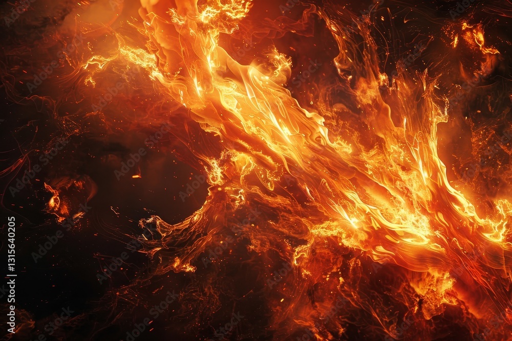 Poster an abstract image of swirling fire consuming dark clouds in a night sky, creating a mesmerizing spec