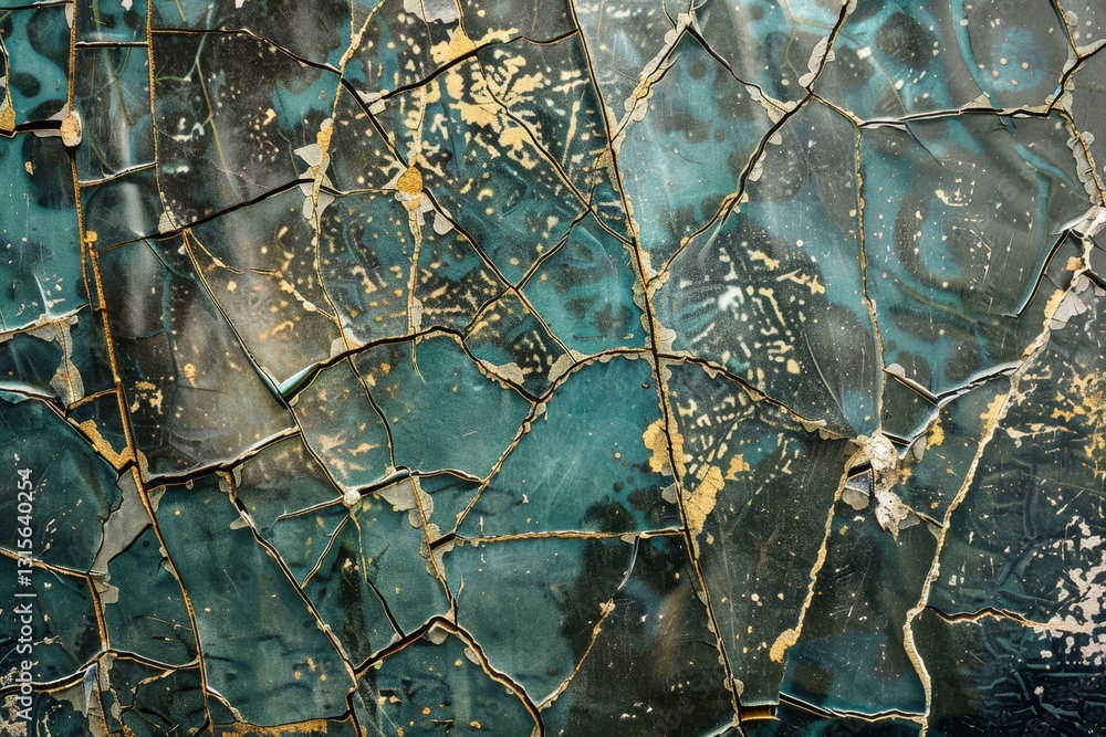 Aufkleber a weathered, reflective surface with intricate cracks and faded green paint, reflective surface with