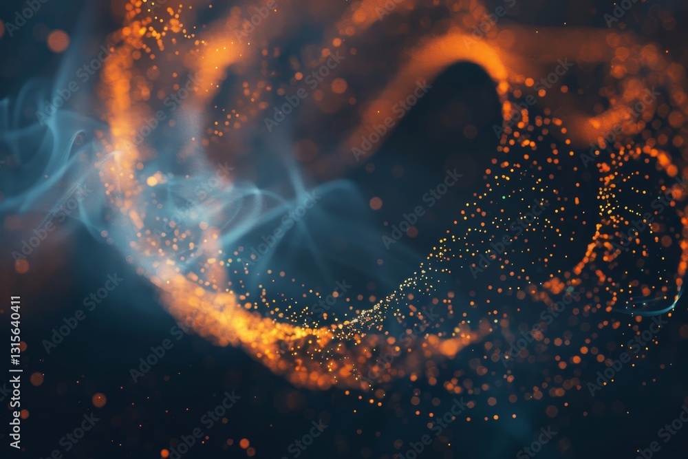 Poster Abstract representation of blockchain technology, with swirling particles in blue and orange, Create an abstract representation of blockchain technology in motion