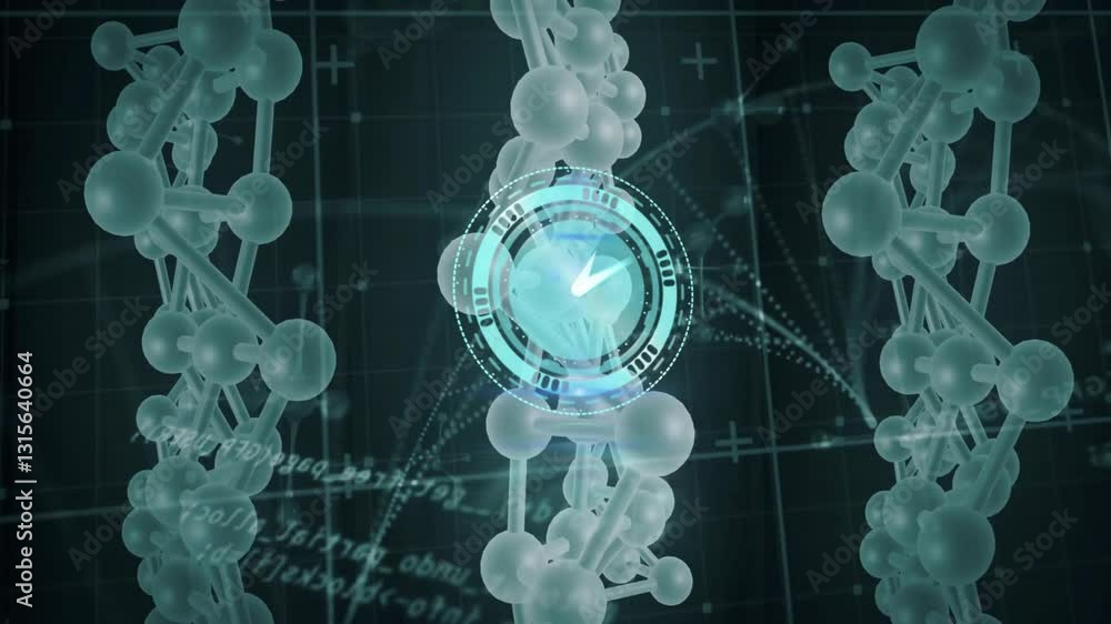 Poster dna strands and digital interface with scientific data processing animation