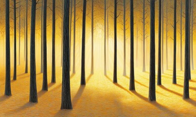 Golden autumn forest sunlight path, serene nature scene, ideal for home decor