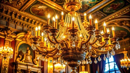Obraz premium Vintage Palace Chandelier: Grand Room, Ornate Lighting, Antique Interior, Gilded Age Photography