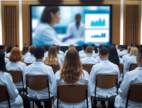 Large group of medical professionals in white lab coats attending a healthcare conference or educational seminar, focused on a presentation with charts and data on a big screen.

