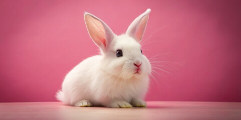 Obraz premium Vintage Pink Rabbit Photo, Adorable Bunny, White Rabbit Pink Background, Retro Pet Photography, Cute Animal Image