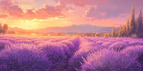 Enchanting Lavender Fields Embraced by a Soft Pastel Sky