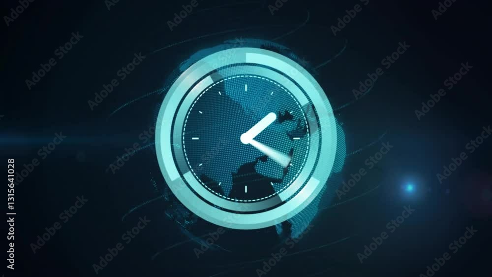 Poster futuristic clock animation with digital globe and abstract blue background