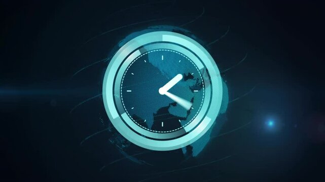 Futuristic clock animation with digital globe and abstract blue background