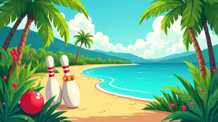 bowling lane with pins and tropical flowers in the jungle, summer bowling on vacation, copy space