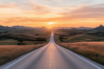 Fototapeta premium A long, empty highway stretching into the horizon, bathed in warm golden-hour light