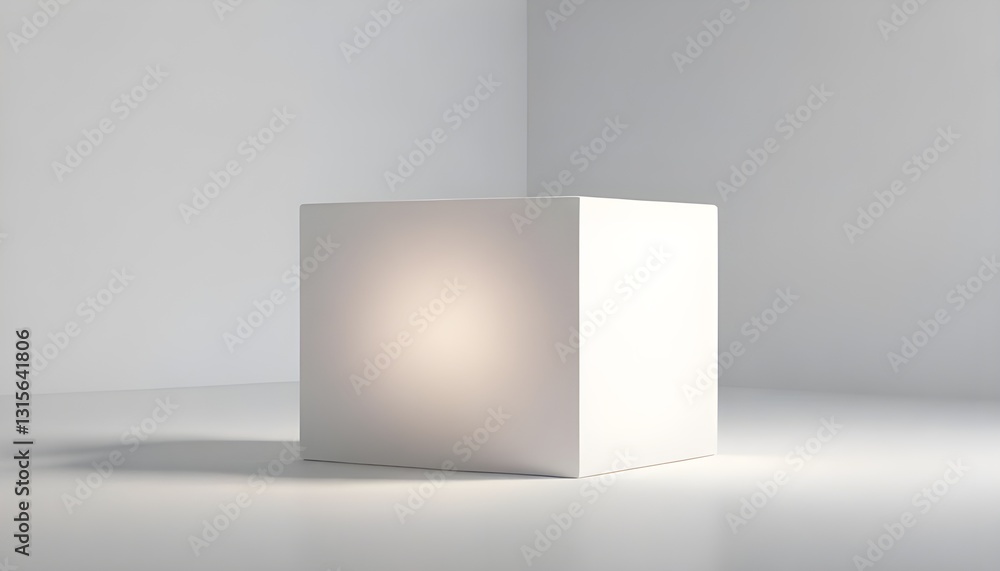 Poster a minimalist mockup of a blank white cube, floating in a soft, diffused light, perfect for showcasin