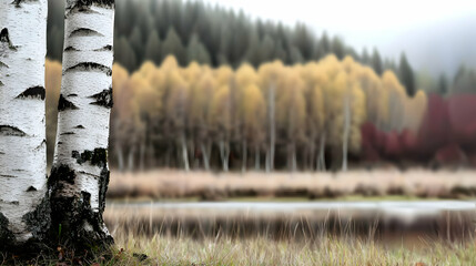 The trunks of birch trees stand beside a serene lake landscape