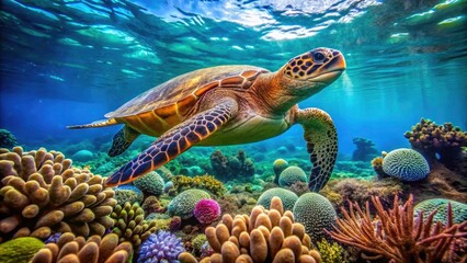 Obraz premium Vintage Underwater Turtle, New Caledonia Coral Reef, 59.94fps, South Pacific Ocean, Green Sea Turtle