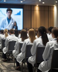 Large group of medical professionals in white lab coats attending a healthcare conference or educational seminar, focused on a presentation with charts and data on a big screen.

