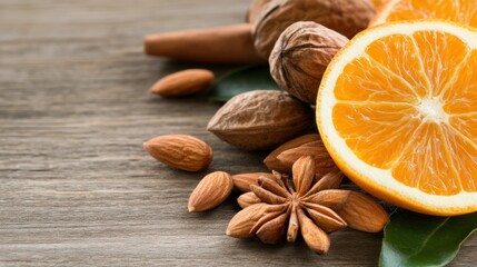 Fototapeta premium Fresh orange slice with almonds, walnuts, cinnamon, and star anise on a wooden surface
