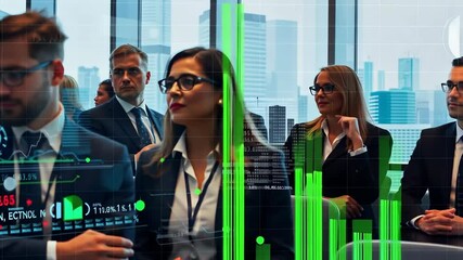 Group of Diverse Business Professionals Attending Seminar With Cityscape View, Chart Overlay and Formal Attire in Bright Indoor Setting - Powered by Adobe