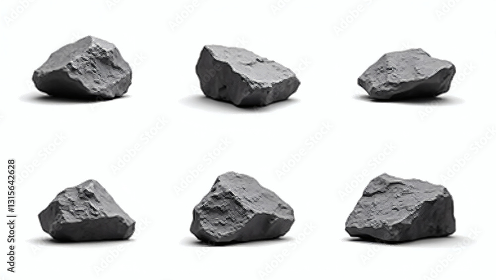 Poster a collection of six gray rocks displayed against a minimalist backdrop, showing their rugged texture