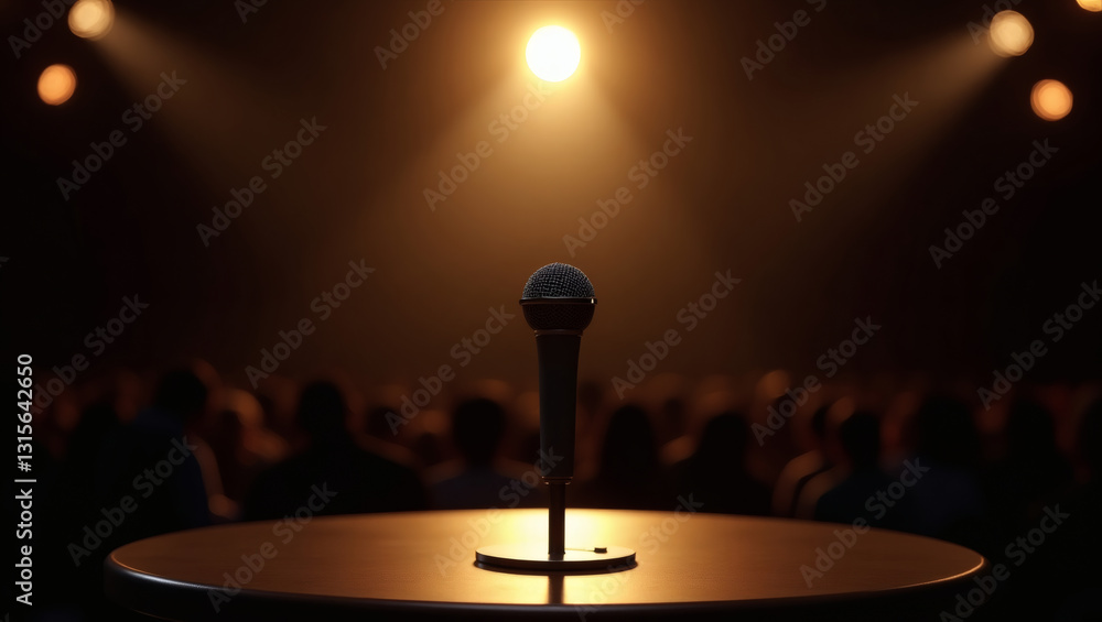 Aufkleber a microphone on a stage under spotlights, ready for a performance. a crowd of people is visible in t