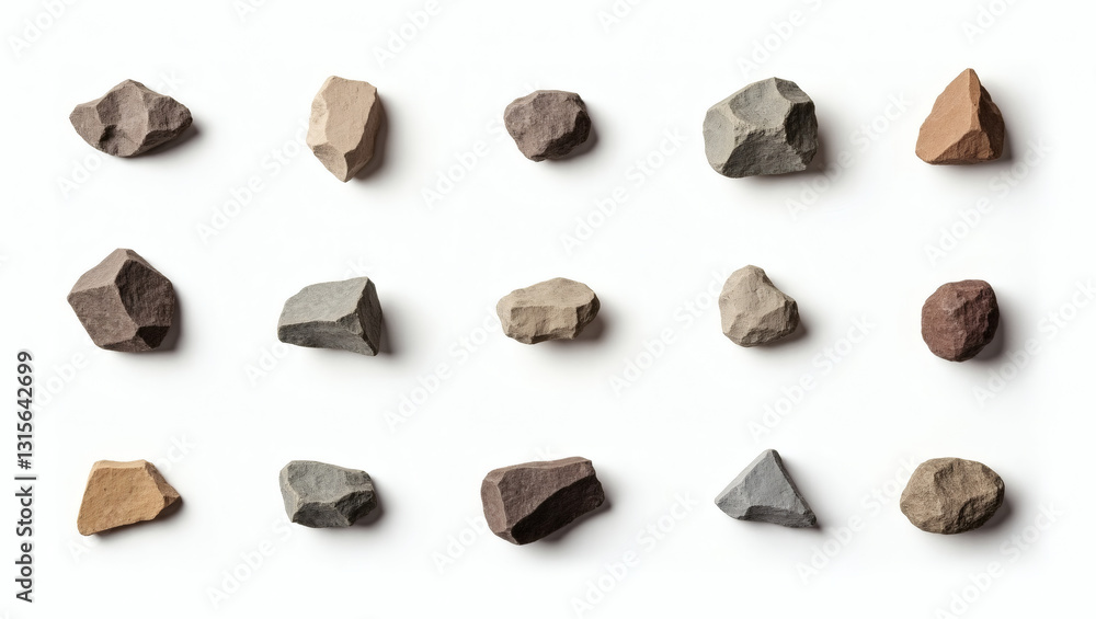 Poster a collection of various shaped rocks arranged neatly on a surface 