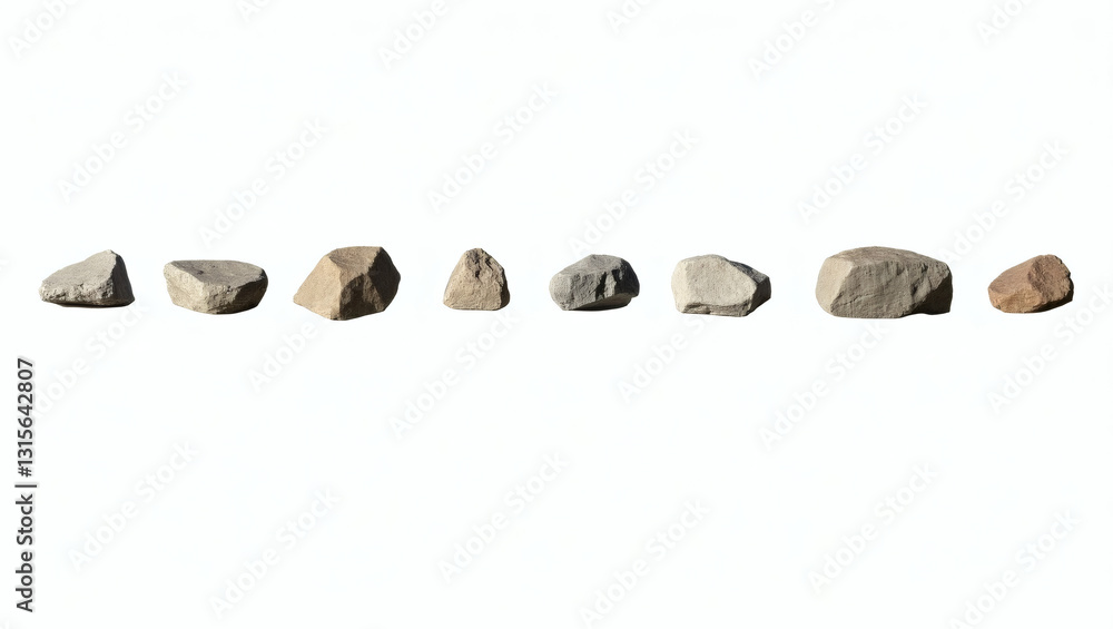 Poster a collection of diverse rocks arranged in a row, showcasing their varied shapes and textures. this c
