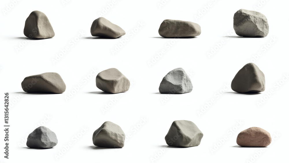 Poster various stones arranged on a clean surface, each with unique shapes and textures. The stones showcase natural elements and simplicity