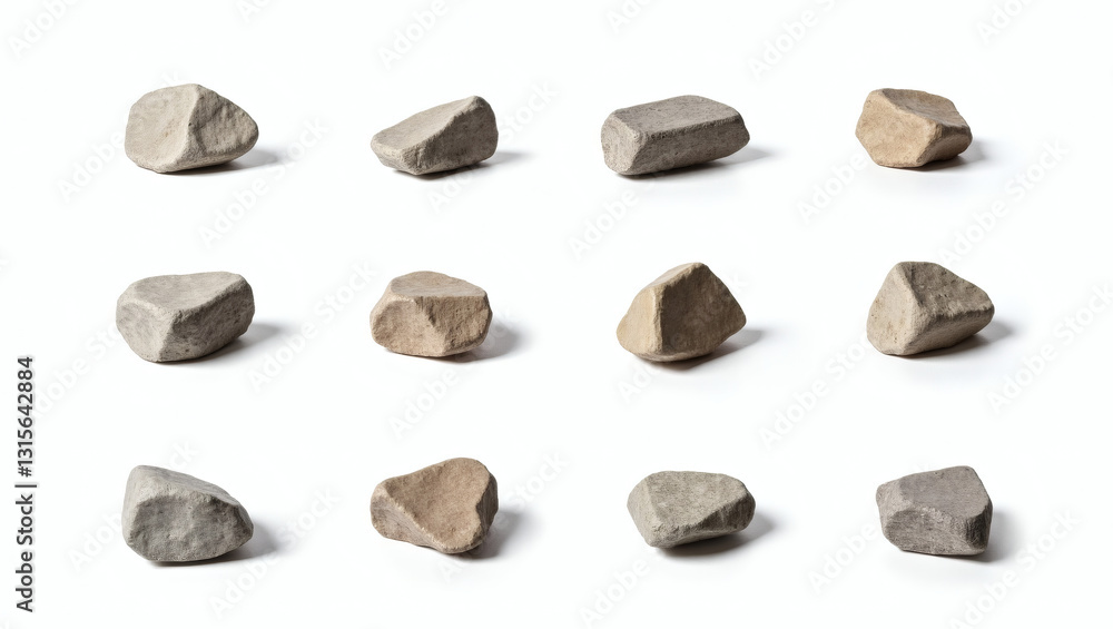 Poster a collection of twelve stones arranged in a grid, showcasing their various shapes and textures