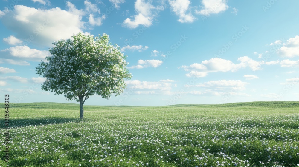 Poster expansive green field adorned with blooming flowers under a clear blue sky with a single tree standi